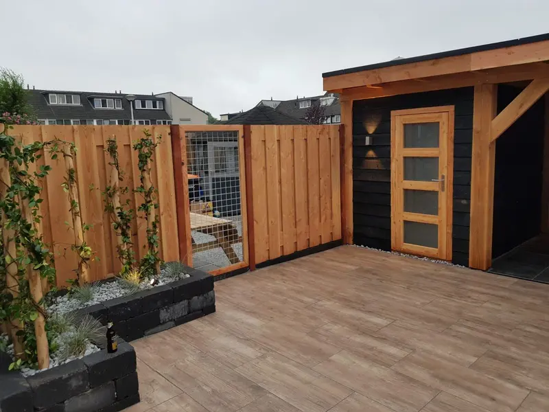 Houten schutting van verticale planken met een poort met gaasvulling, klimplanten langs de palen, rechts een berging met zwarte wand