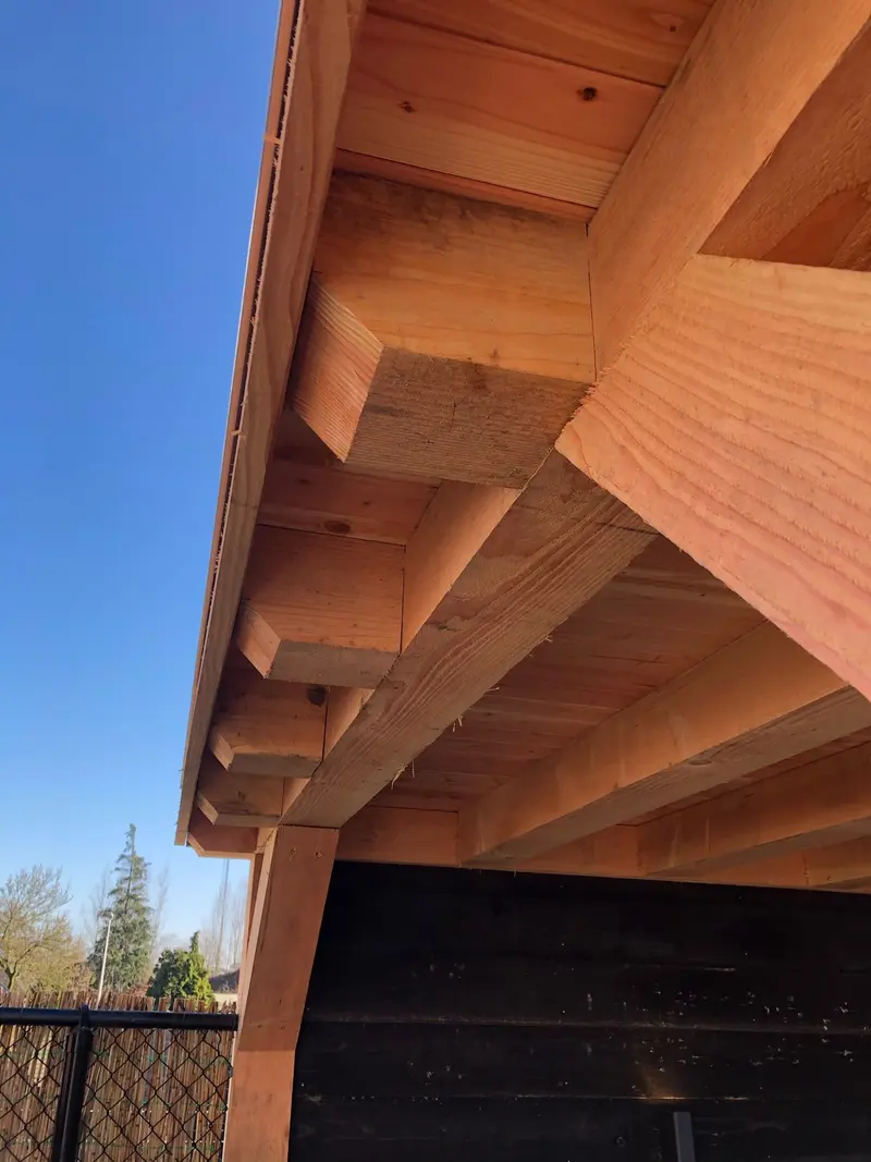 Onderaanzicht van een houten dakrand met balklaag en dakbeschot tegen een strakblauwe lucht, eronder een staander en een zwarte wand