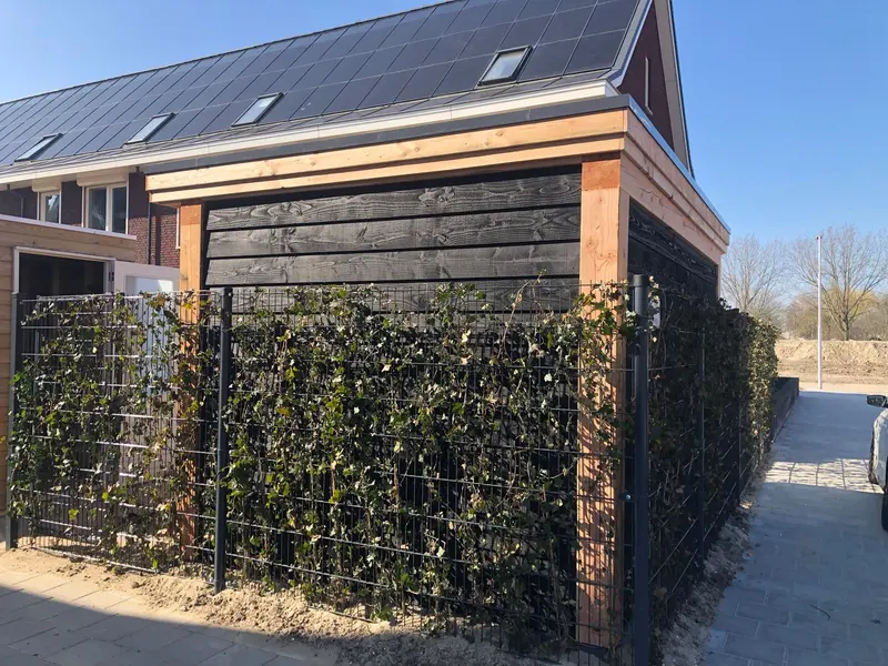 Berging met zwarte horizontale planken en houten hoekstijlen en boeidelen, achter een groen gaashek met klimop, naast een rijtjeswoning